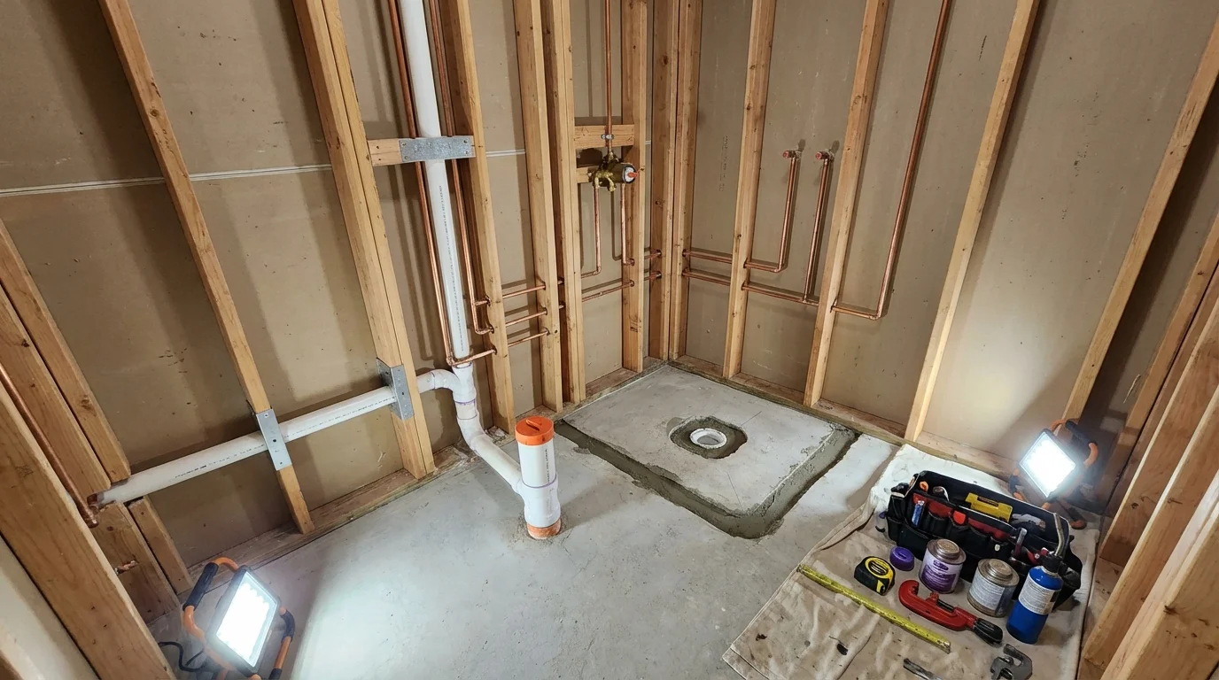 Bathroom rough-in plumbing during remodel by Johns Plumbing LLC in Ashburnham