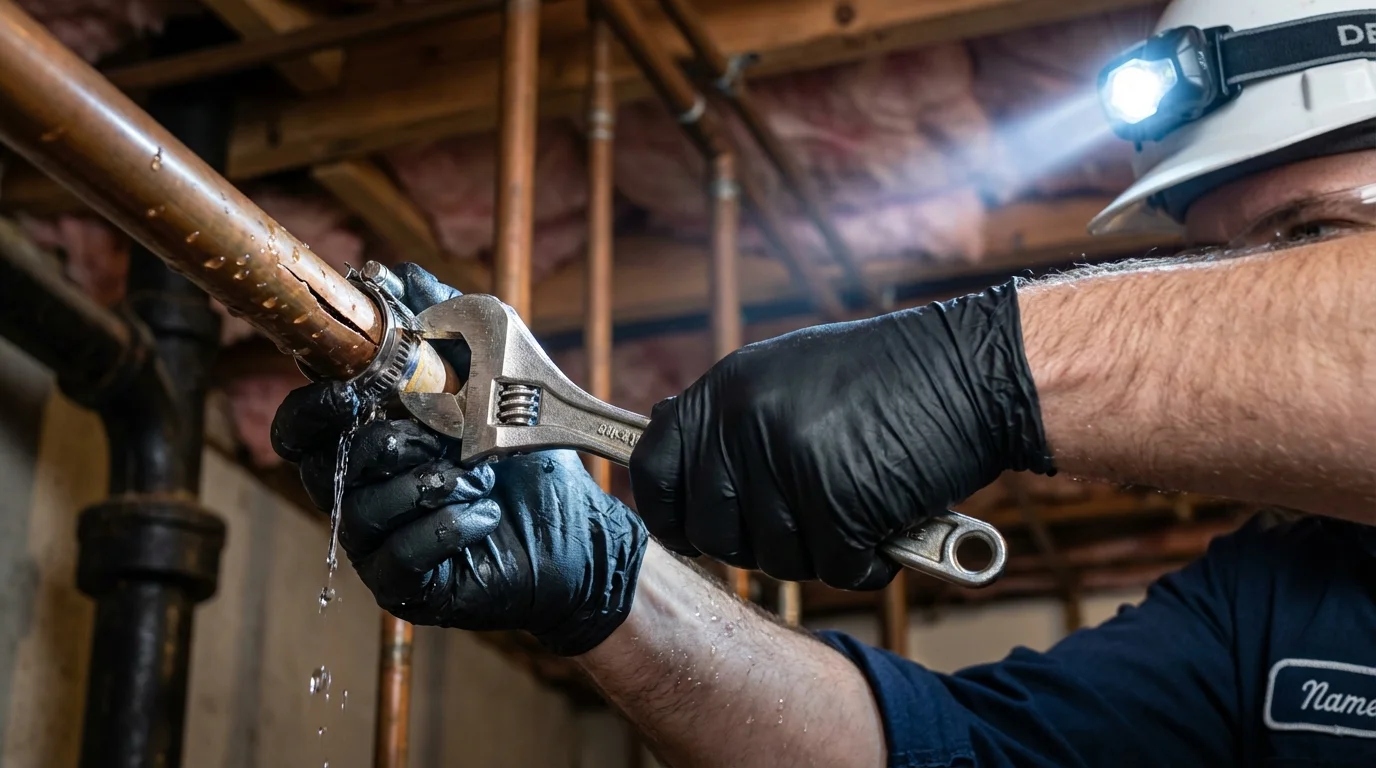 Emergency pipe clamp repair being performed by a Johns Plumbing LLC plumber in Ashburnham