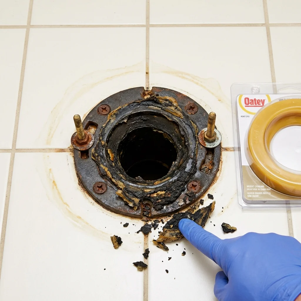 Failed wax ring showing water seepage at the base of a toilet in a Ashburnham, MA home