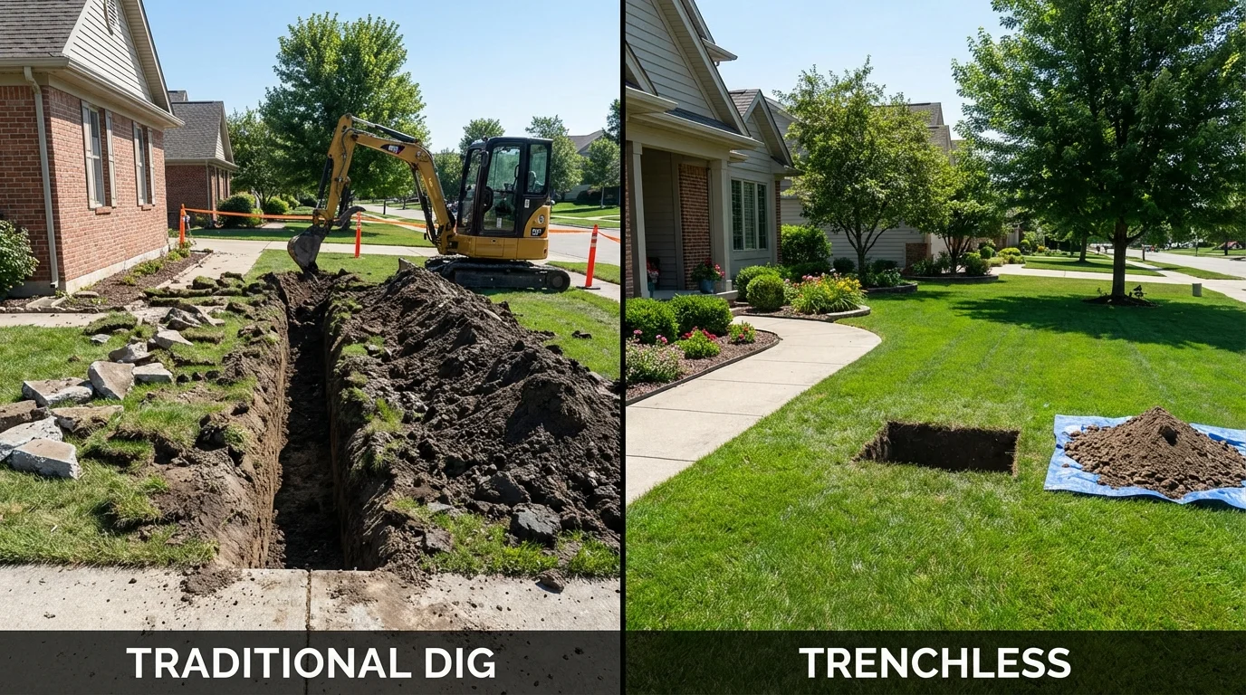 Trenchless sewer repair with minimal yard damage versus traditional excavation in Ashburnham, MA