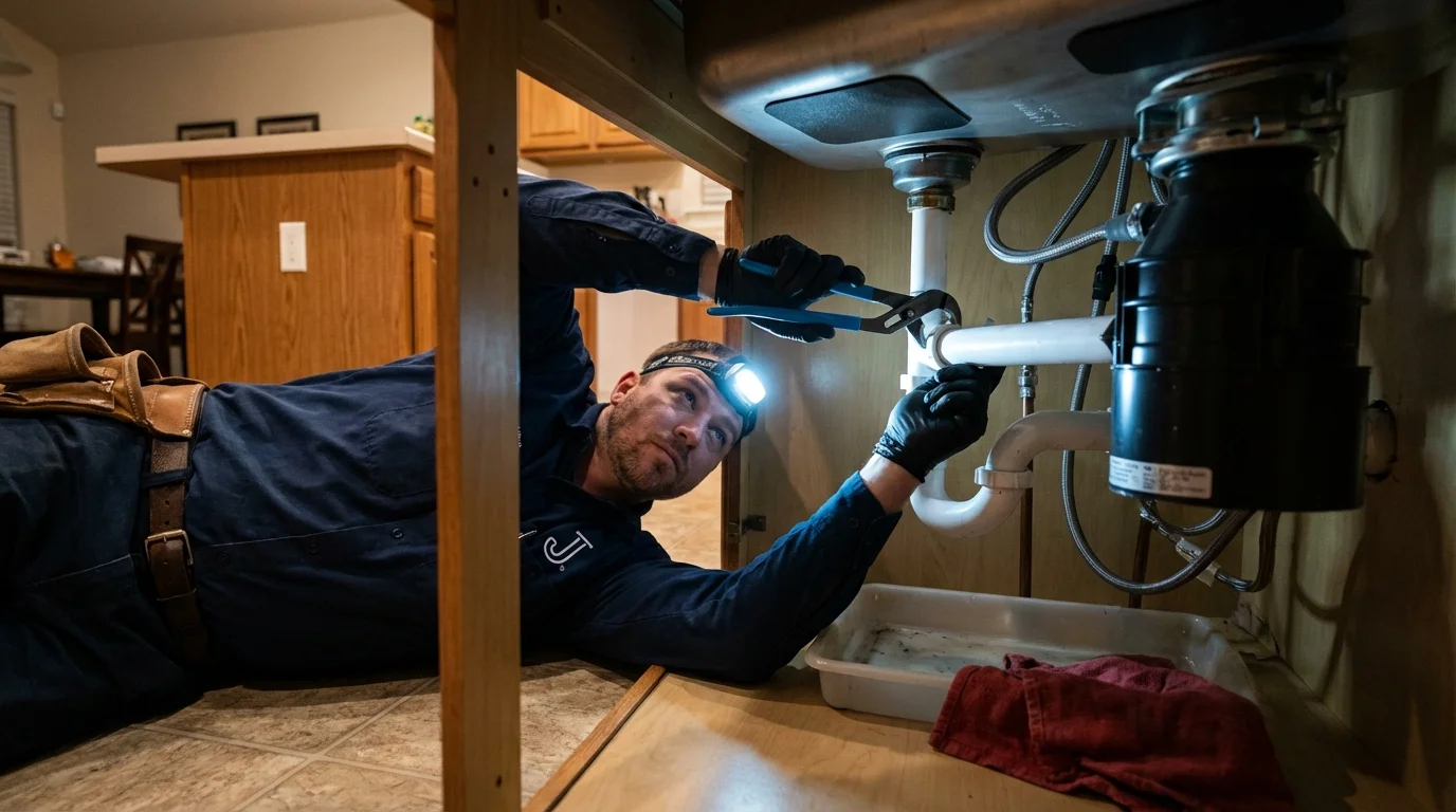 P-trap and supply line connections under a kitchen sink showing a common leak point in Ashburnham, MA